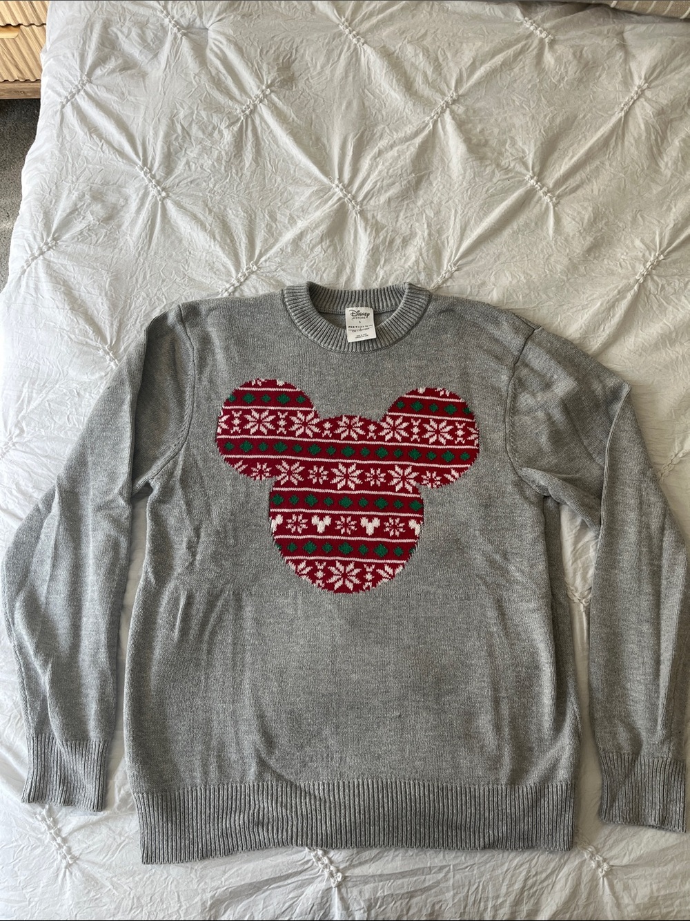 Disney Gray Crewneck Sweater with Red and Green Mickey Motif